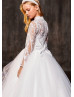 Long Sleeves Beaded White Lace Glitter Tulle Flower Girl Dress